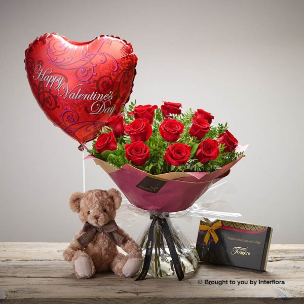 Gift Roses Chocolates, Teddy Bear and Balloon