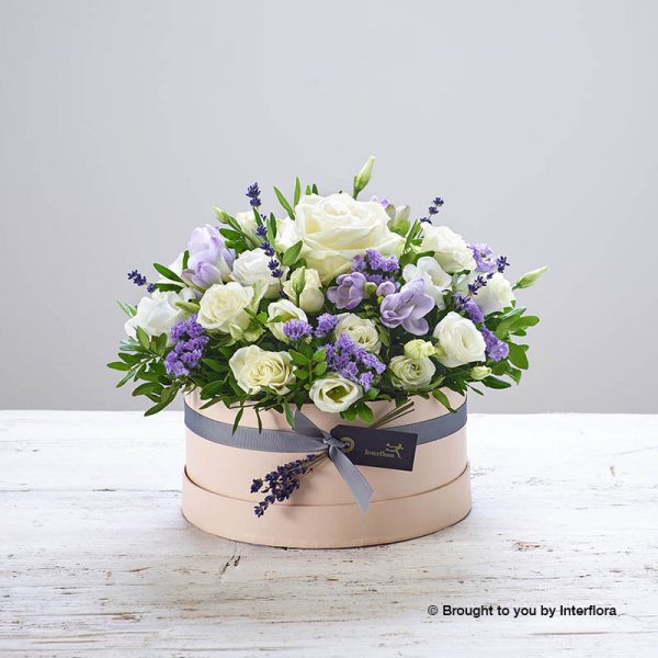 hatbox arrangement of flowers